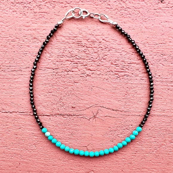 Natural Black Spinel Teal Turquoise Bracelet Handcrafted in Solid 14k White Gold - Picture 5 of 6